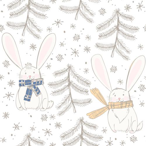 Rabbit. Vector cartoon bunnies in scarves, trees, snowflakes on white
