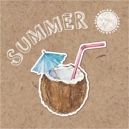 Sun. Vector coconut cocktail sun and summer inscription on craft