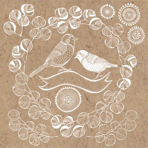 Eucalyptus. Vector stylized birds, round frame of eucalyptus branches, ribbon, decorative flowers, eucalyptus branches on craft paper