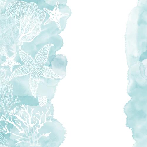 Illustration sea stars corals shell on blue watercolor fragments space for text on white