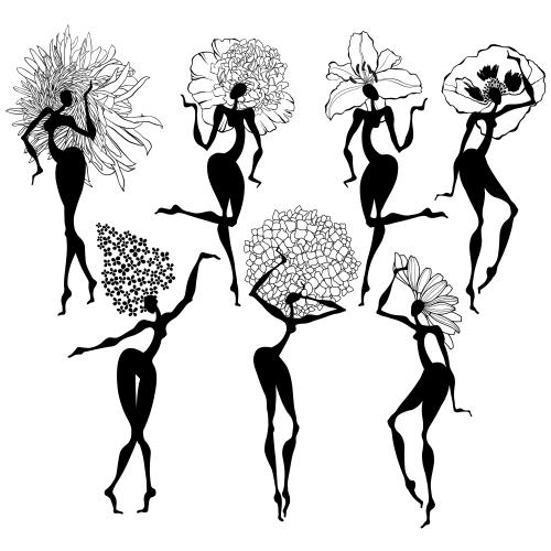 Hydrangea. Vector dancing women-flowers, black silhouettes on white
