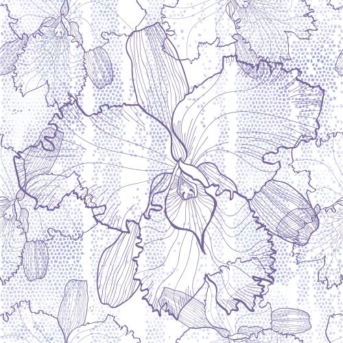Vector image orchids contours on lavender watercolor mosaic