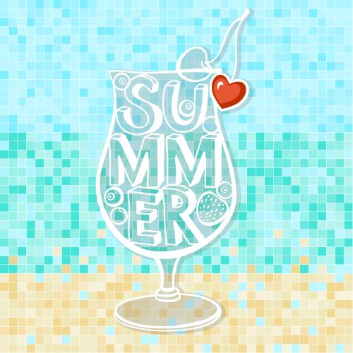 Mosaic. Vector cocktail with a heart, inscription summer on a mosaic in the colors of the sea and beach