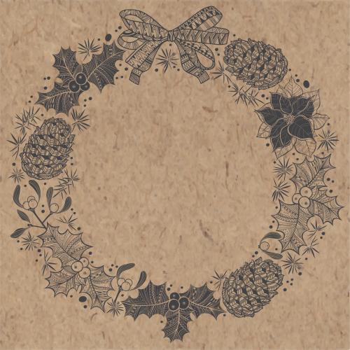 Floral. Vector festive round wreath made of christmas plants cones and bows black contours and silhouettes on craft