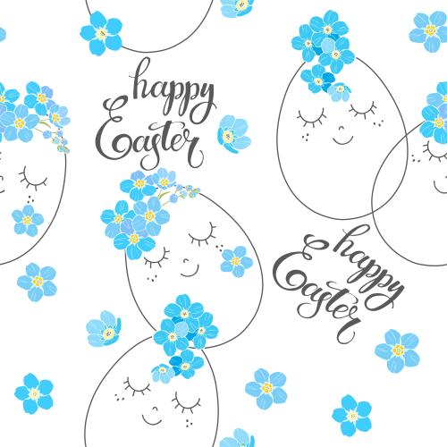 Forget-me-not. Vector cartoon easter eggs with forget-me-nots, happy easter text on white