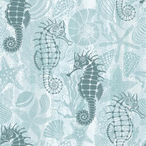 Scallop. Vector sea horses shells sea stars algae corals on watercolor mosaic