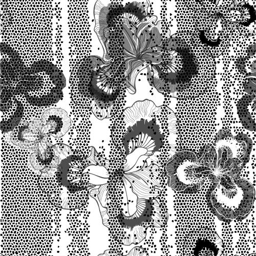 Iris. Vector iris flowers on a black-and-white mosaic
