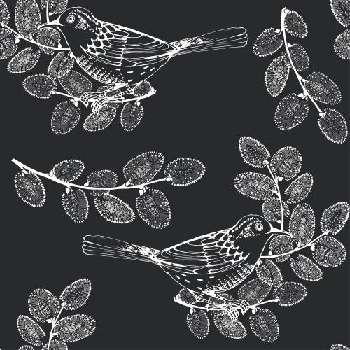 Willow. Vector birds on black willow twigs