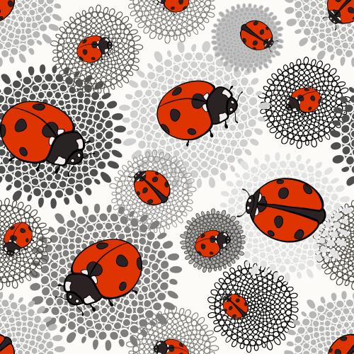 Ladybug. Vector bright ladybugs monochrome fantasy flowers on white