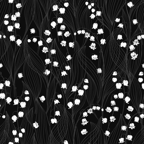 Lily-of-the-valley. Vector lilies white flower silhouettes outline leaves on black