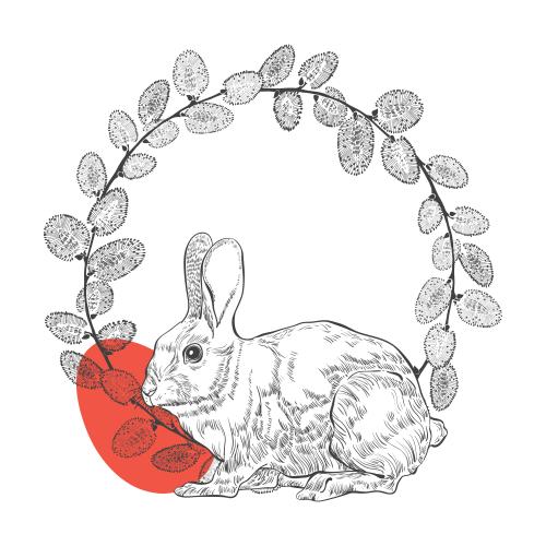 Willow. Vector round wreath of willow branches, red easter egg, rabbit on white