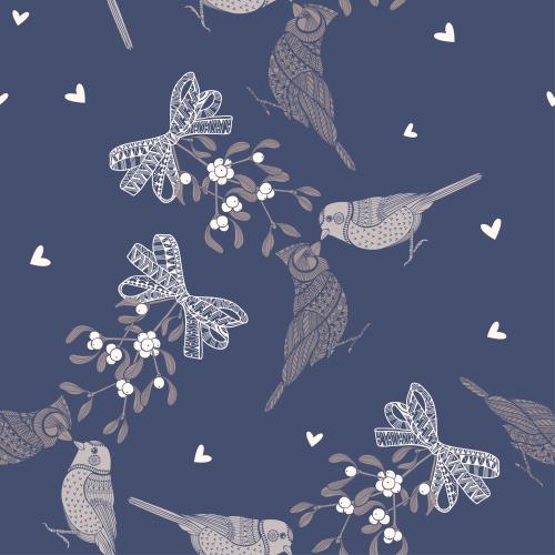 Vector for cards Printing stylized birds with a holiday mistletoe branch on blue