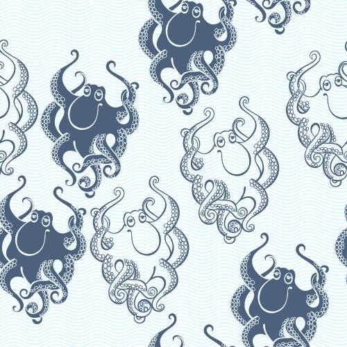 Striped. Vector cartoon octopuses, contours and silhouettes on blue waves