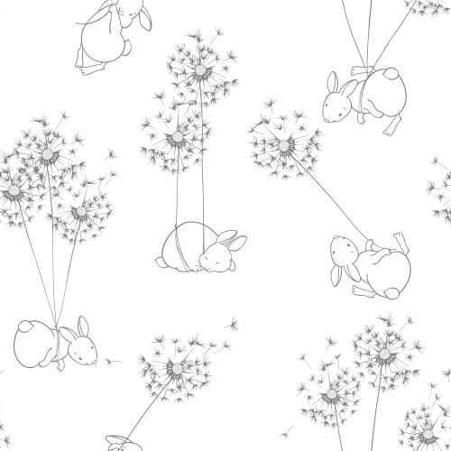 Dandelion. Vector animated bunnies flying on dandelions on white