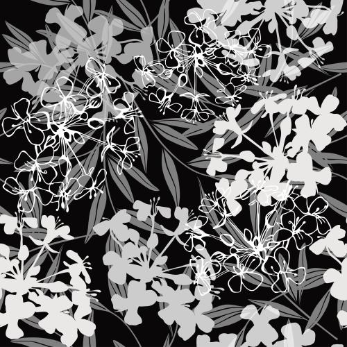 Vector image monochrome silhouettes of abstract flowers and leaves on black