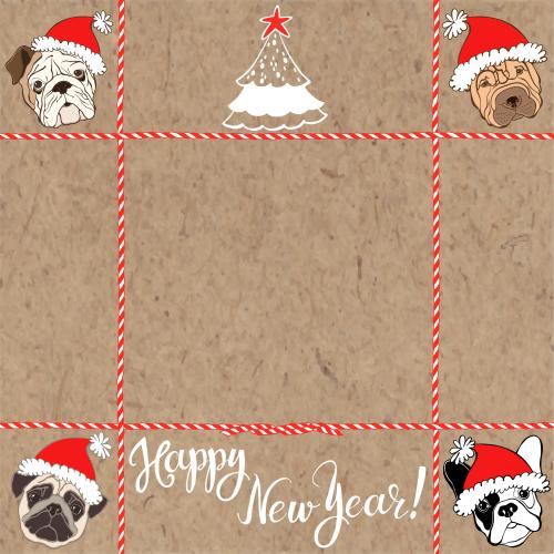 Pug. Vector square frame with cute dog faces in new years hats on craft