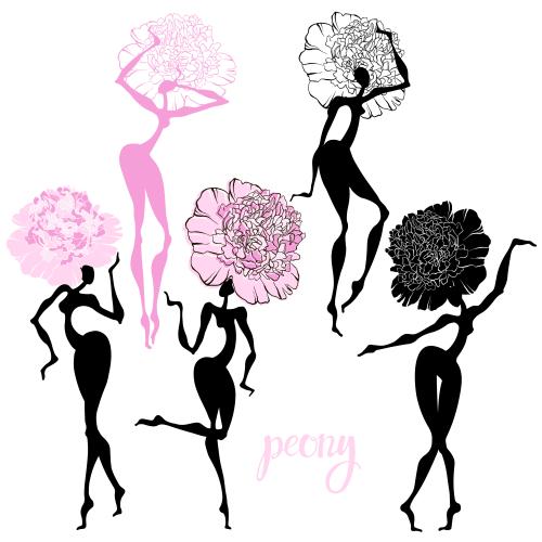 Peony. Vector dancing women peonies on white