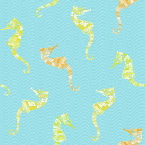 Vector image yellow and orange seahorses on blue waves