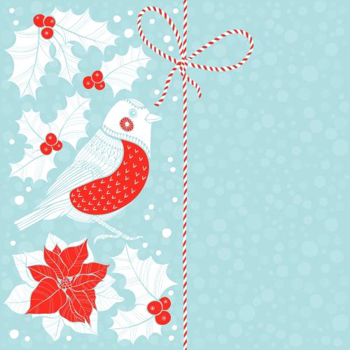 Bullfinch. Vector snowbird poinsettia sharp-leaf festive ribbon with a bow and a text area on blue with a checkered pattern