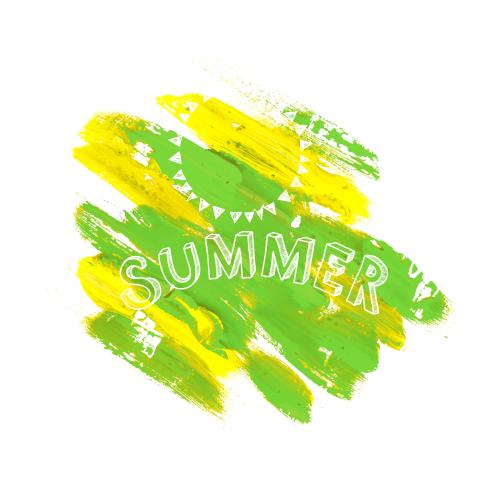 Vector image yellow-green painterly spot, sun, summer inscription on white