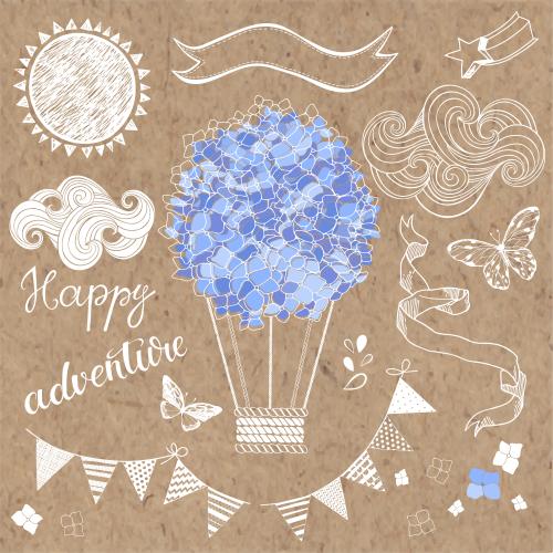 Balloon. Vector flower balloon, hydrangea, sun, garland, clouds, butterflies, happy adventure text and other elements on craft