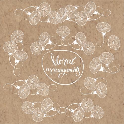 Bindweed. Vector decorative compositions with morning glory flowers, white outlines on craft