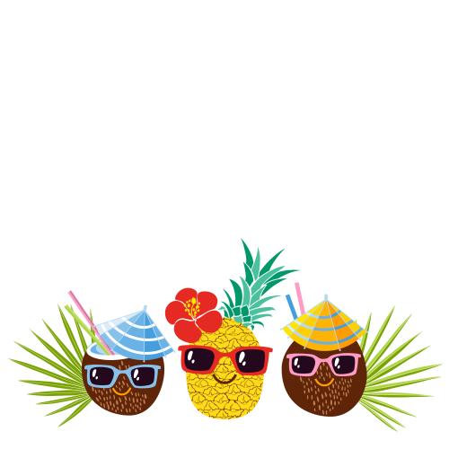 Beach. Vector two cartoon-style coconut cocktails and a pineapple in sunglasses space for text on white