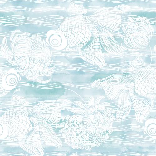 Chrysanthemum. Vector golden fish, waves and chrysanthemums, white silhouettes on blue watercolor