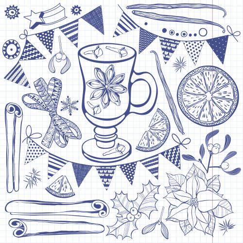 Notebook. Vector christmas flowers, mug of mulled wine, spices and other holiday symbols on notebook paper in grid