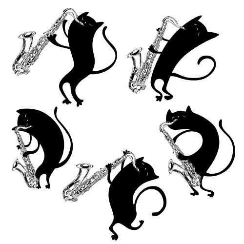 Cat. Vector cartoon black cats with saxophones on white