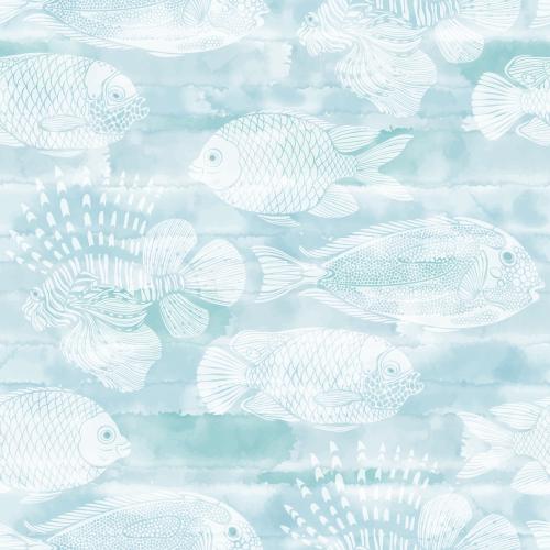 Vector image white exotic fish silhouettes on blue watercolor