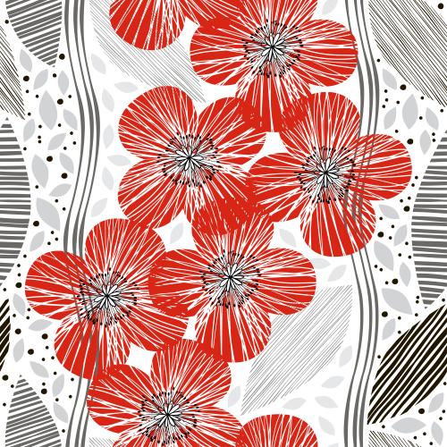 Poppy. Vector red poppies, decorative striped leaves, vertical wavy lines on white