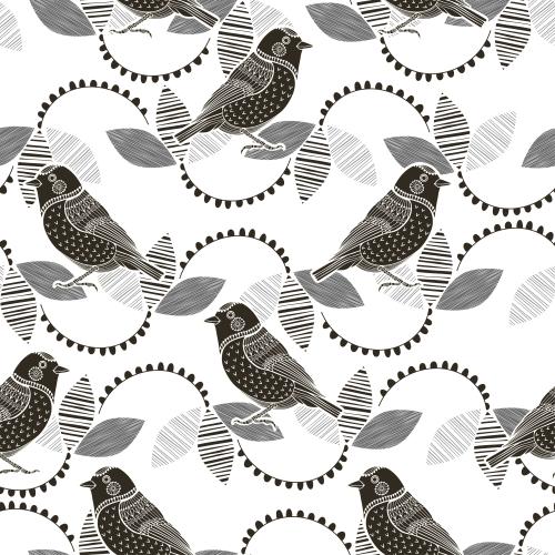 Striped. Vector decorative birds and flowers on white