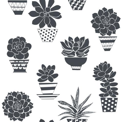 Illustration succulents in pots, silhouettes on white