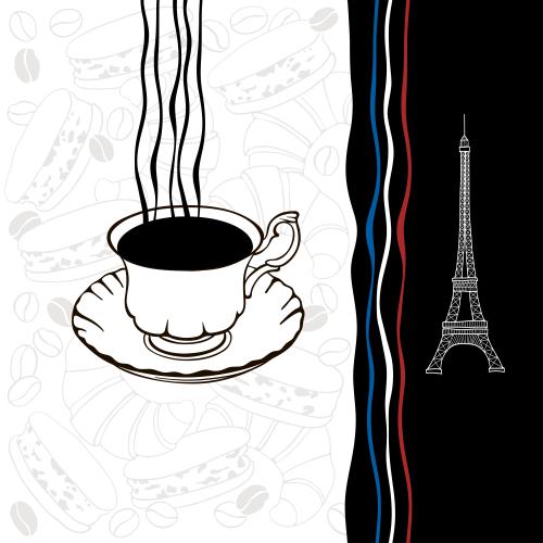 Eiffel tower. Vector coffee in a cup, croissants, macarons, eiffel tower and wavy stripes in the colors of the french flag