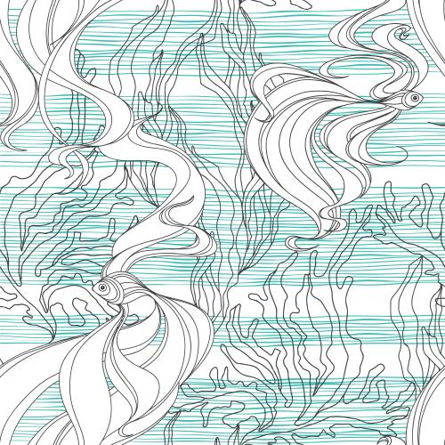 Underwater plant. Vector Pattern stylized fish seaweed waves on white
