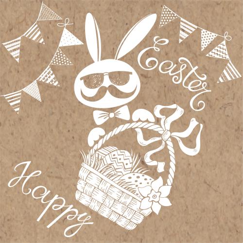 Paskhalia. Vector easter-themed composition with a cartoon rabbit, a basket with easter eggs, and the text happy easter on craft