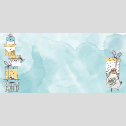 Vector image postcard with a cartoon bird and gifts space for text on blue watercolor