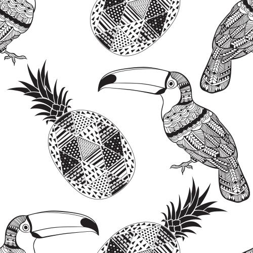 Vector image decorative toucans and pineapples on white