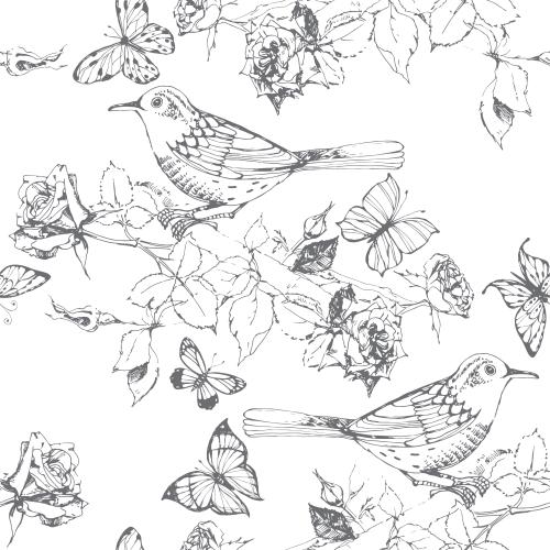 Rose. Vector birds sitting on branches of blooming pink bushes and butterflies on white