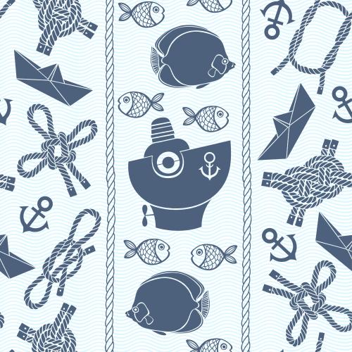Rope. Vector blue silhouettes of tropical fish, naval knots, anchors, paper ships, and boats on blue waves