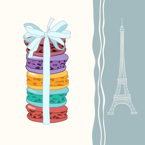 Vector image multicolored macarons with ribbon and eiffel tower