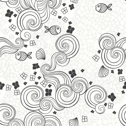 Shell. Vector fish, shells, waves on flowered