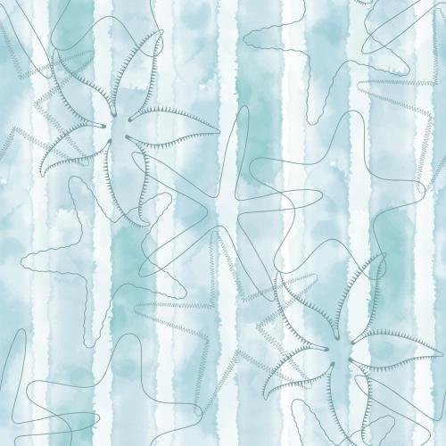 Illustration sea stars contours on a striped blue watercolor