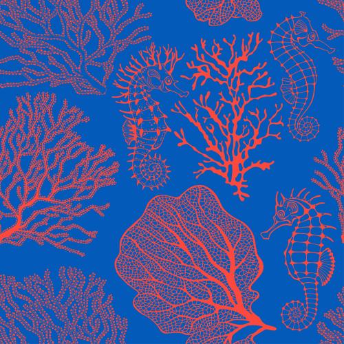 Vector image sea horses, corals, red outlines on blue