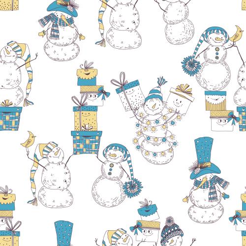 Snowman. Vector cartoon-style snowmen with cute gift boxes on white
