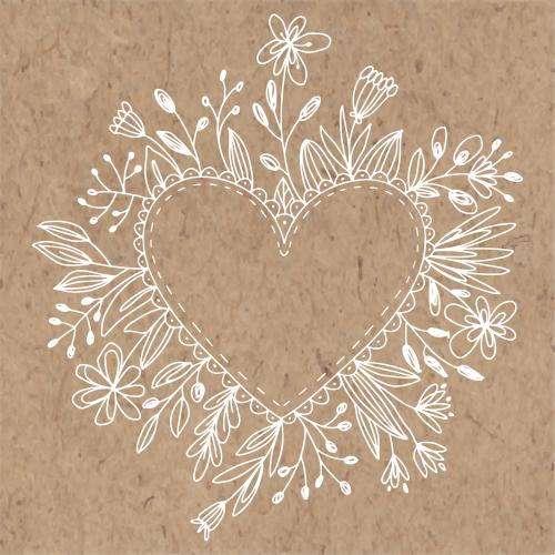 Illustration heart-shaped frame with doodle flowers on craft