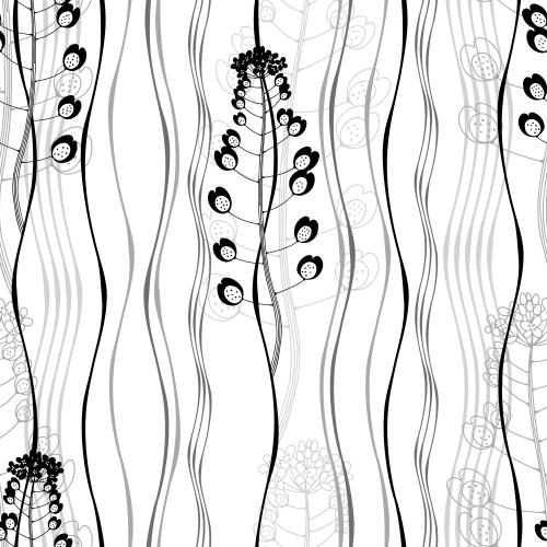 Vector image silhouettes and contours of meadow flowers, vertical wavy lines on white