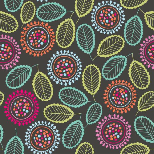 Illustration bright multicolored dudl flowers and leaves on dark gray