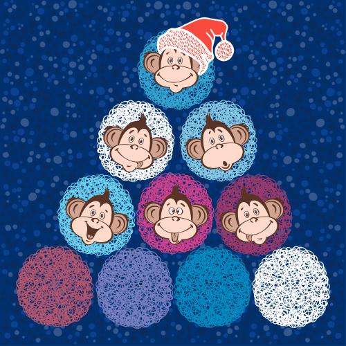 Pea. Vector funny monkey faces in colorful circles on blue with polka dots